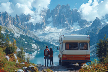 a cartoon illustration of rv camper, happy young man and woman, wonderful dolomites mountain panoram