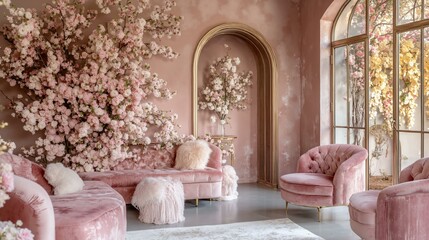 Poster - Elegant pink living room with cherry blossom décor and plush furniture.