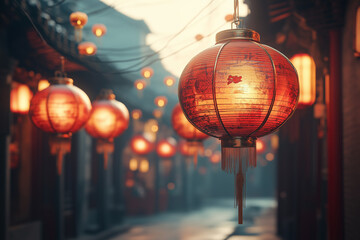 chinese new year lanterns. red chinese new year lantern in temple. AI Generated