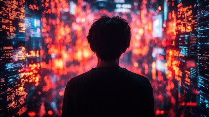 A silhouette of a person standing in front of a wall of glowing data, representing the overwhelming nature of information in the digital age.