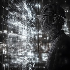 Aufkleber - Visionary futuristic engineering project for a striking modernist architectural building featuring double exposure graphic design silhouettes of workers in hardhats