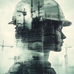 Fototapete - Futuristic engineering project for a visionary architectural design featuring silhouettes of workers abstract wireframe models and CAD renderings  The image showcases a modernist