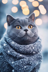 Cute fluffy gray cat wearing wool scarf