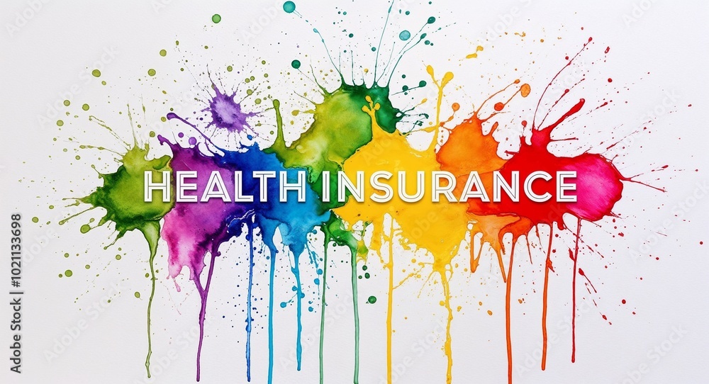 Colorful Insurance health insurance word lettering on colorful paint watercolor splash on ...