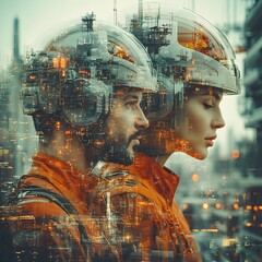 Aufkleber - Futuristic architectural engineering project with double exposure graphic design showcasing innovative building construction an architectural design team