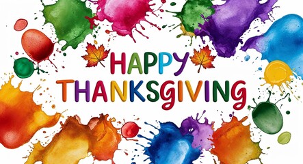 Wall Mural - happy thanksgiving word lettering on colorful paint watercolor splash on plain white background