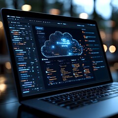 Leinwandbilder - Close up view of a clean and minimalist cloud computing interface displayed on a laptop screen showcasing the process of uploading files to remote servers with ample storage space