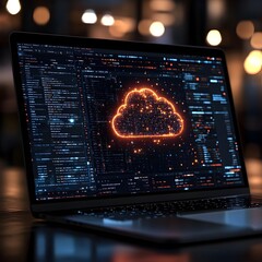 Leinwandbilder - Detailed shot of a cloud computing platform displayed on a laptop showcasing the seamless file transfer to distant storage servers with abundant capacity crisp photographic clarity
