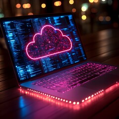 Fototapete - Close up of a laptop screen showcasing a sleek cloud computing dashboard effortless file transfers to sprawling digital storage networks
