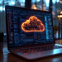 Aufkleber - Macro view of a cloud computing dashboard on a laptop displaying the seamless uploading of documents to vast remote data repositories with a minimal and clean interface design