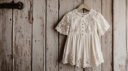 A vintage-inspired dress with lace and intricate details hanging on a rustic door, soft light highlighting the craftsmanship, [Wear a Dress Day], [vintage fashion], ,