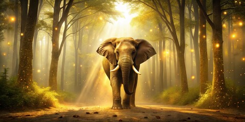 Poster - A majestic elephant walks through a sunlit forest, surrounded by sparkling fireflies, creating an ethereal and magical atmosphere.