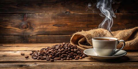 Sticker - A cup of coffee steaming on a rustic wooden table with a burlap sack and scattered coffee beans.