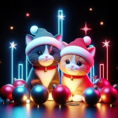 A couple christmas cute kitten with balls on a black background. 3D rendering. Neon lights