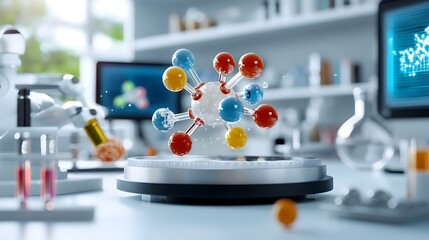 Fototapete - 3D representation of a molecular model swirling subatomic particles and vibrant color coded elements immersed within a high tech laboratory setting with advanced computer systems holographic displays