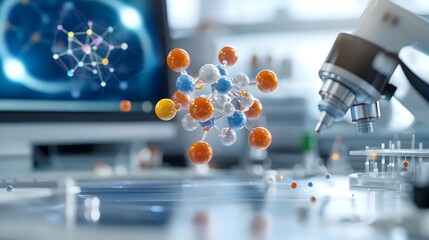 Fototapete - 3D representation of a molecular model swirling subatomic particles and vibrant color coded elements immersed within a high tech laboratory setting with advanced computer systems holographic displays