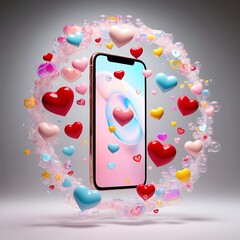 A colorful display of floating hearts and likes as bubbles around a smartphone, representing online audience reactions in a social media environment