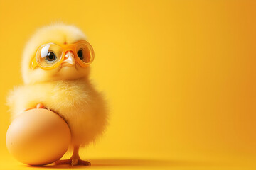 cheerful, energetic yellow easter background with egg and funny chick in goggles holding egg with leg; baby chicken victorious face expression; empty copy space for text on widescreen backdrop