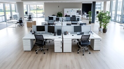 Poster - High Angle View of a Centralized and Minimalist Office Workspace Design with Computers Laptops and Other Digital Equipment Arranged on a Central Table for Productivity and