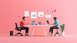 © Marketplace - Two men working collaboratively at a modern desk in a vibrant pink office space, focused on their tasks with laptops and creative decor.
