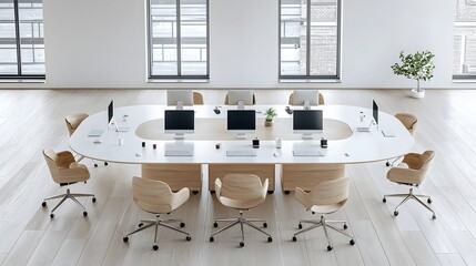 Leinwandbilder - High angle view of a clean empty workspace with computers and other technology set up on a large collaborative table creating a modern minimalist and productive environment for working studying