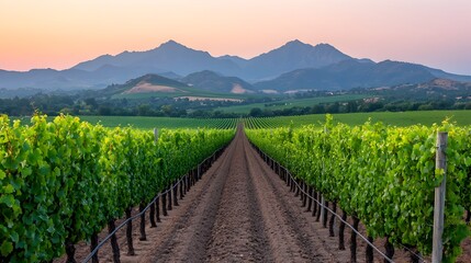 Rows of thriving grapevines stretch across a picturesque vineyard farm with a stunning mountain range rising in the distance creating a serene and breathtaking landscape