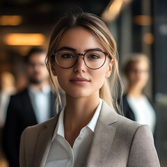 Poster - A professional woman in glasses stands confidently in an office environment with colleagues in the background.