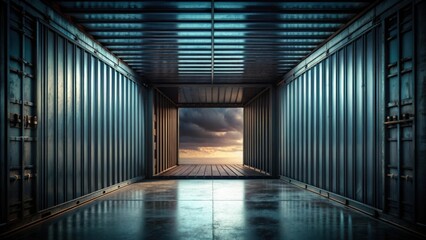 Poster - The open container reveals a vast and dramatic sky, a powerful juxtaposition of industrial confinement and boundless nature.