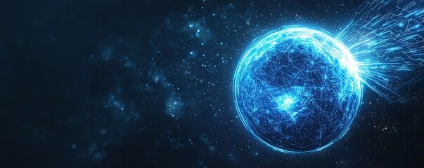 Blue technology orb with radiant digital energy lines spreading outward contrasted by a dark background leaving space for customization or branding