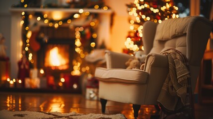 Wall Mural - Cozy Christmas living room with fireplace aglow, armchair inviting relaxation, and twinkling lights creating a warm, festive atmosphere perfect for holiday memories.