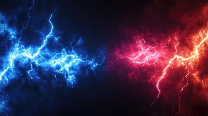 dynamic electric blue and red lightning bolts clash against a dark background, creating a dramatic a