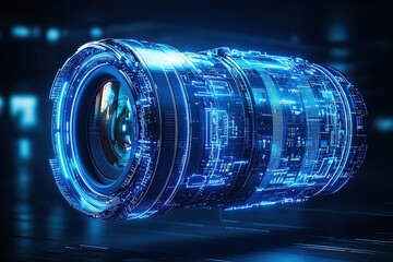 Abstract blue digital camera lens with neon circuitry floating in a dark void with ample space on the side for custom text or branding