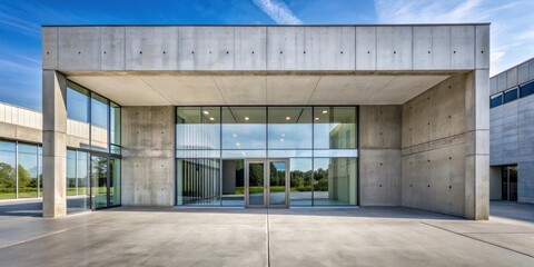 Poster - A Minimalist Concrete Building With Large Glass Doors and Windows Offering a View of a Green Lawn and Blue Sky