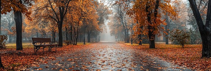 A misty park path is covered in vibrant autumn leaves, surrounded by trees, with a solitary bench on the side, offering a peaceful and serene atmosphere.