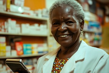 Elderly woman in a pharmacy smiling while using a smartphone in a vibrant setting