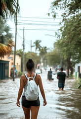 People walk along a flooded street after a hurricane.