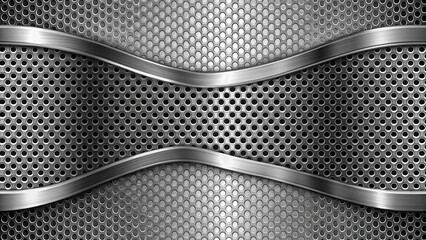Leinwandbilder - Abstract Metallic Background with Curved Silver Bands and Perforated Steel Texture