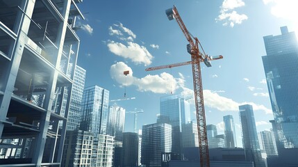 A modern urban scene featuring a construction crane amid skyscrapers, with a bright sky and clouds, illustrating development and progress in architecture.