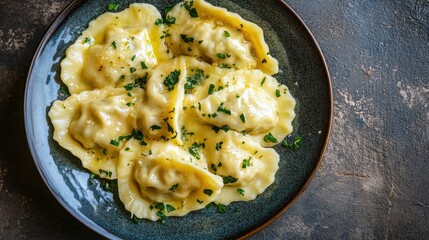 Dumplings (Jiaozi) for Chinese New Year, top view, festive plate