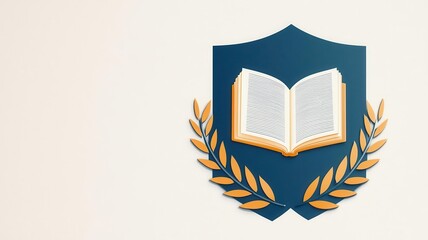 School shield logo featuring an open book and a laurel wreath, symbolizing knowledge and achievement, shield school, academic shield