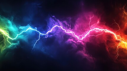 Wall Mural - a vibrant display of multicolored lightning bolts illuminating the dark stormy clouds.
