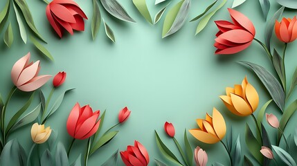 Leinwandbilder - A vibrant arrangement of colorful flowers and leaves on a light teal background, showcasing spring's beauty and freshness.