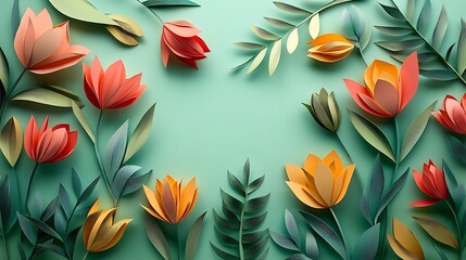 Leinwandbilder - A vibrant arrangement of colorful paper flowers and green leaves on a mint background, showcasing intricate craftsmanship and artistic design.