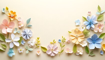 Leinwandbilder - A decorative arrangement of colorful paper flowers and leaves on a light background, creating a vibrant and cheerful aesthetic.