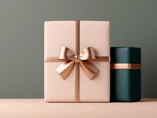 Pink and green gift boxes with rose gold bow. Holiday shopping and retail concept. Image for advertising and greeting card.