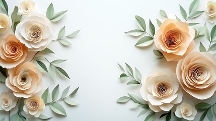 Leinwandbilder - Delicate paper roses in soft peach hues surrounded by lush green leaves against a light background, creating an elegant floral arrangement.