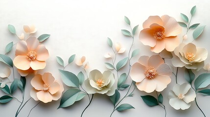 Leinwandbilder - A beautifully crafted paper flower arrangement with soft peach blooms and green leaves against a light background.