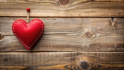 Poster - Red Fabric Heart Hanging on Rustic Wooden Background