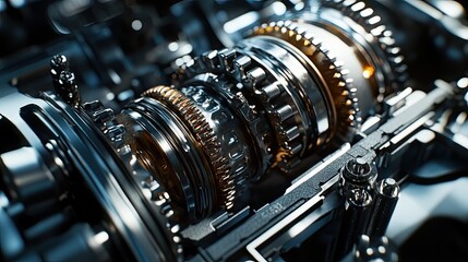 Close-up of intricate metallic gears in a mechanical engine, showcasing precision and craftsmanship in engineering.