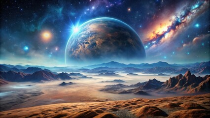 Wall Mural - a distant planet hangs in the vastness of space, its blue and green hues contrasting with the fiery 
